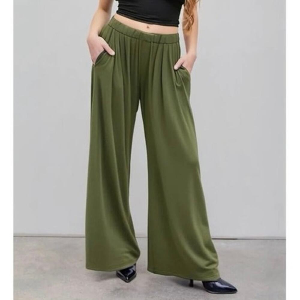 Cider pull on wide leg pants olive green high rise stretch waist ribbed 2XL - Picture 10 of 10